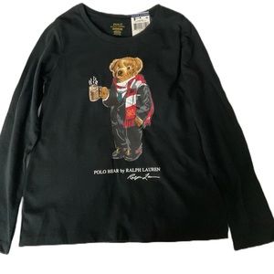 Polo Ralph Lauren Boys Long Sleeve, Polo Bear Shirt, Black, Size Small (Size 7)